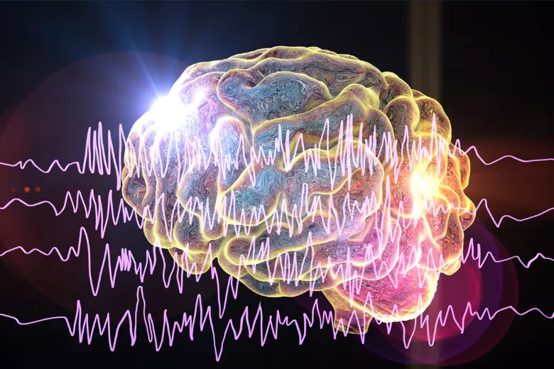 Image of colourful brain with brain waves